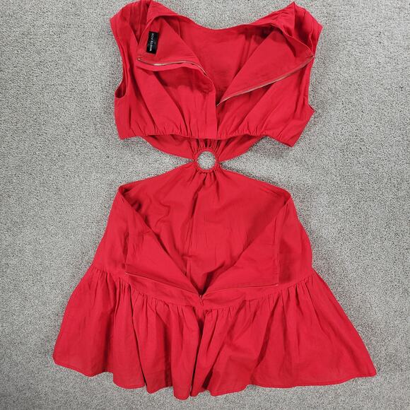 White Fox Cutout Ring Dress Womens L Red Sleeveless Mini Fit & Flare Ruffle Hem - Picture 8 of 16